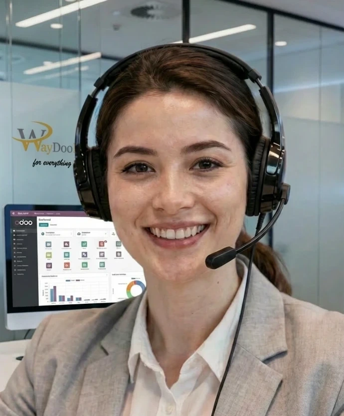 Customer support agent wearing a headset while using Odoo software