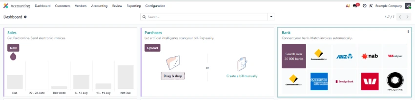 Odoo Accounting dashboard showing sales, purchases and bank feeds